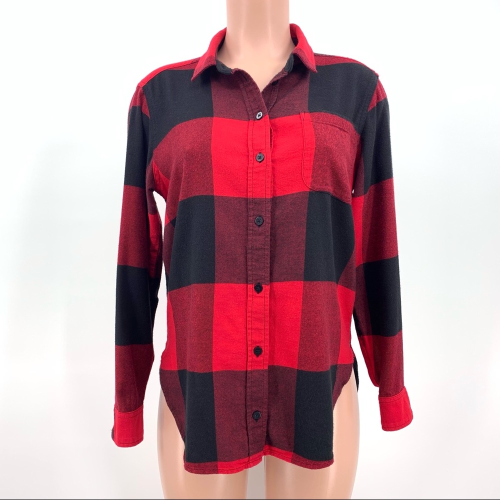 Athleta Red Checkered Print Flannel Button Down Shirt